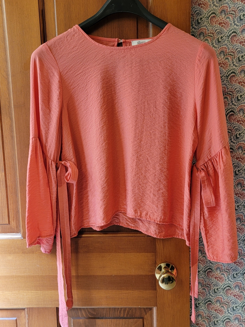 GLAM American Made Coral Pink Boho Bell Sleeve Tie Blouse Top Large